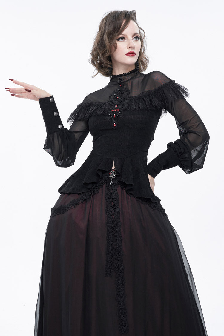 Black Retro Perspective Sexy Turtleneck Lace Panel Mesh Lantern Sleeve Women's Gothic T-Shirt - Product - 9