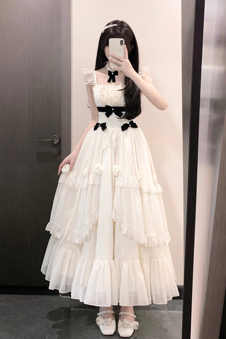 Ivory Free Verse Poetry Ruffle Bowknot Sweet Elegant Princess Lolita Tiered Dress - Ivory - 1