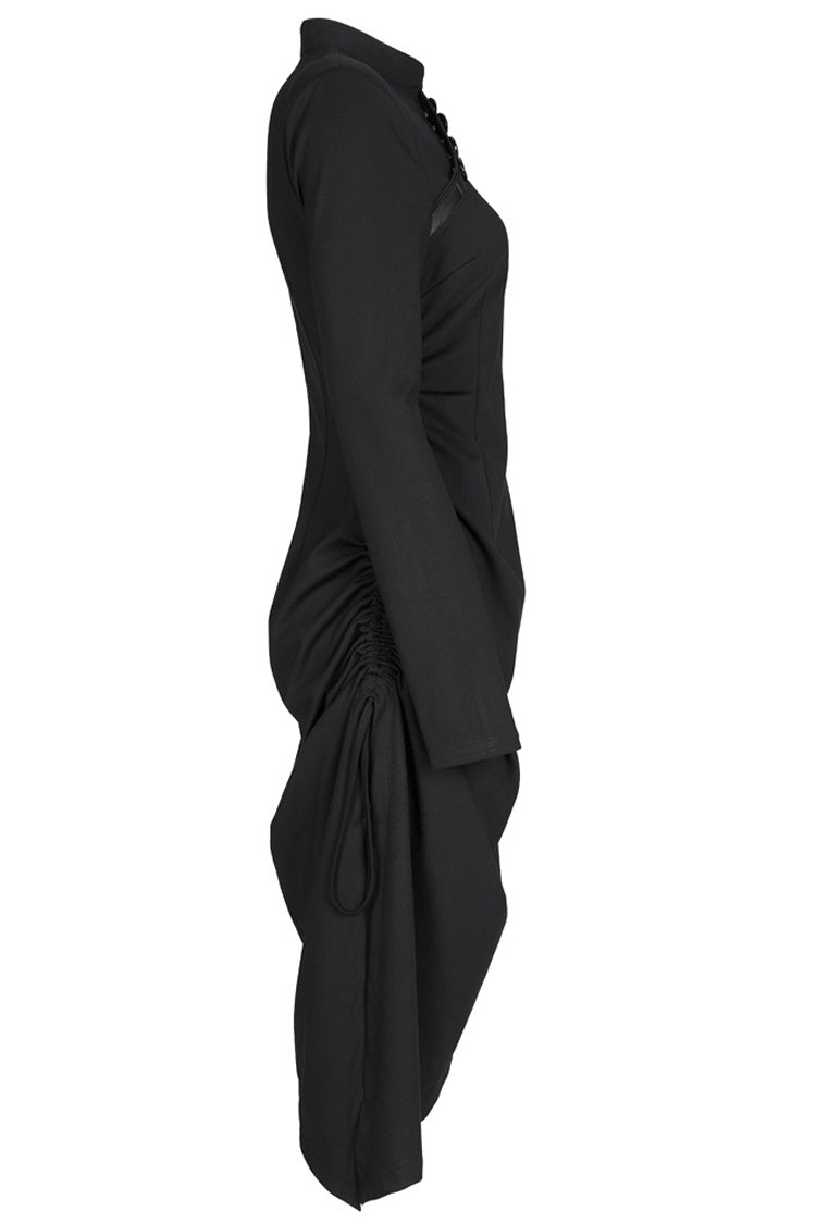 Black Improved Cheongsam Pointed Hem Drawstring Design Cheongsam Collar Long Sleeve Long Women's Punk Dress - Product - 7