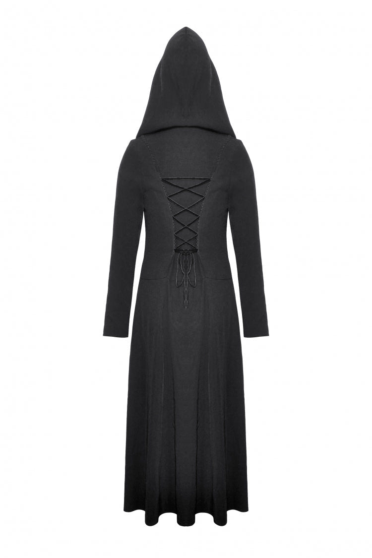 Black Long Sleeves Ruffled Lace-Up Women's Punk Long Jacket with Hood - Product - 12