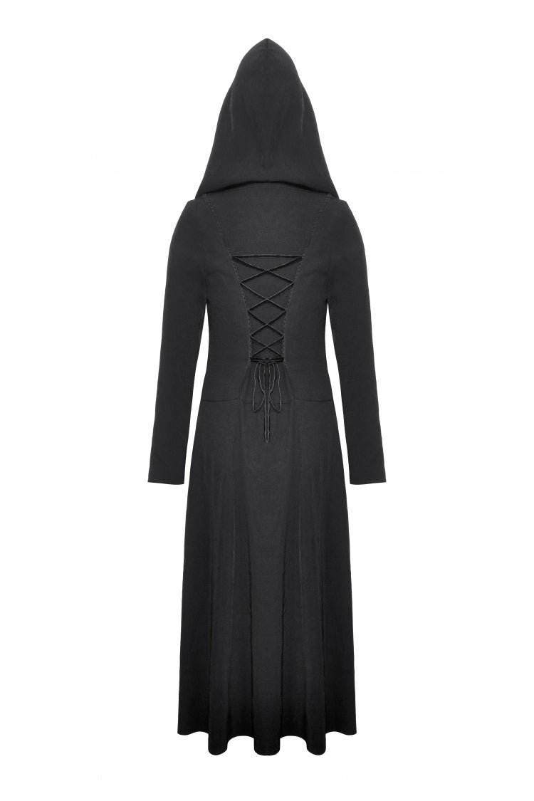 Black Long Sleeves Ruffled Lace-Up Women's Punk Long Jacket with Hood - Product - 12
