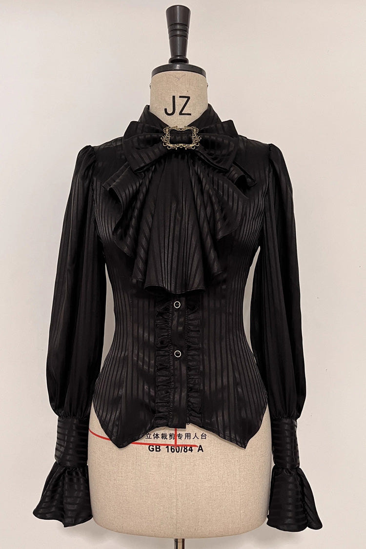 Moonstone Lapel Collar Long Sleeves Vertical Striped Print Ruffle Ouji Gothic Prince Lolita Blouse 3 Colors - Black - 1