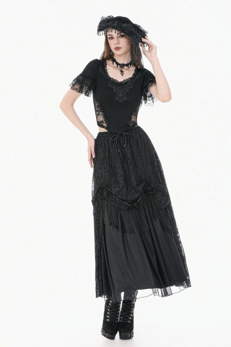 Black Women's Gothic Square Collar Double-Layered Lace Short Sleeves Embroidered Slim Fit Top - Black - 1