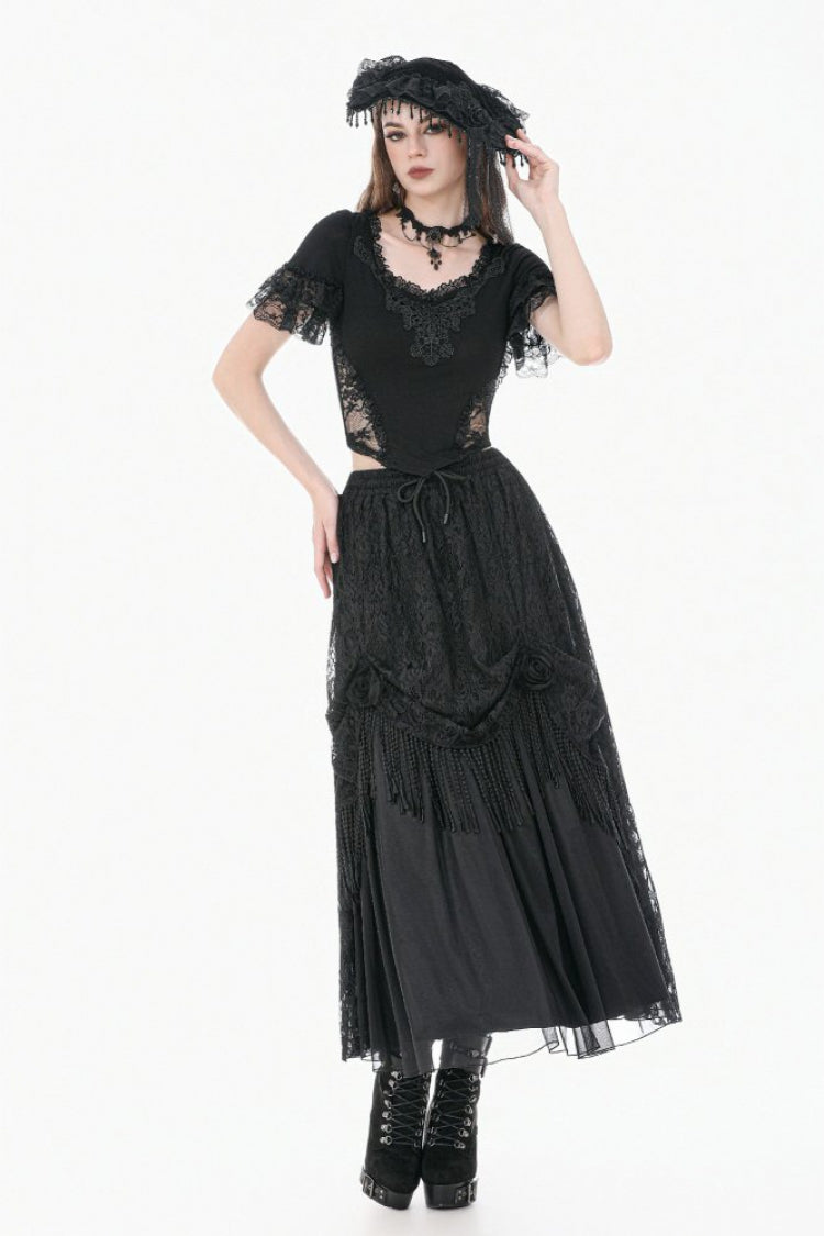 Black Women's Gothic Square Collar Double-Layered Lace Short Sleeves Embroidered Slim Fit Top - Black - 1