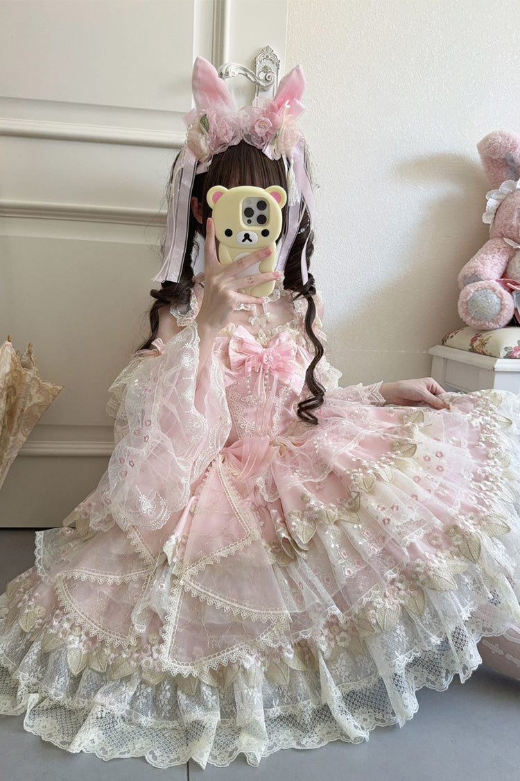 Pink [Falling Flowers in the Rain] Sleeveless Ruffle Embroidery Bowknot Sweet Chinese Style Lolita Jsk Dress - Product - 5