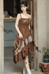 Brown [Dune Traveler] Printed Ruffled Spliced Asymmetric Punk Vintage Lolita Jsk Dress Set - Product - 12