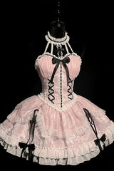 Pink Cross Halterneck Ruffle Bowknot Lace Lace-Up Princess Sweet Lolita Dress - Product - 3