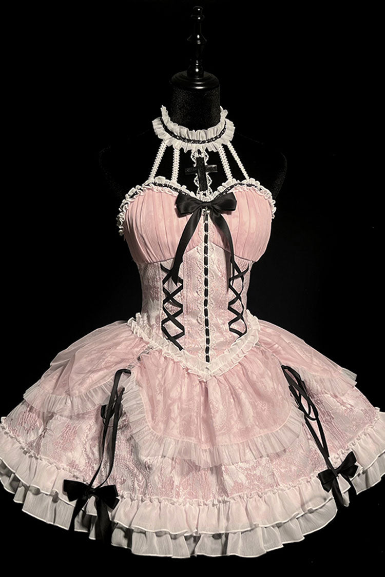 Pink Cross Halterneck Ruffle Bowknot Lace Lace-Up Princess Sweet Lolita Dress - Product - 3