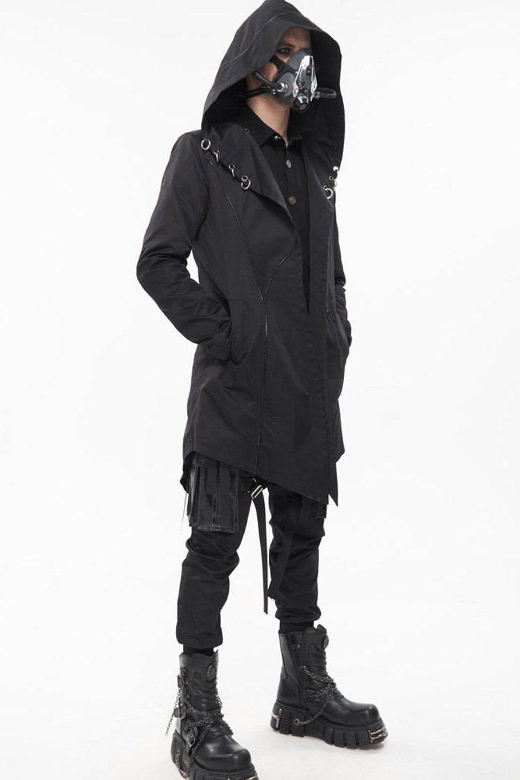 Black Punk Back Splicing Straps Design Windproof Fabric Daily Matching Hooded Casual Men's Coat - Product - 3