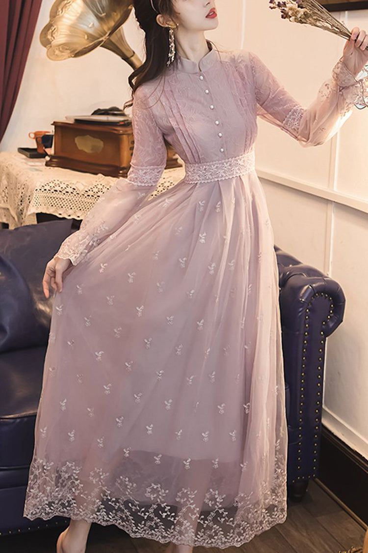 Dream Purple French Retro Lantern Sleeves High Waist Slimming Lace Embroidery Sweet Lolita OP Dress - Purple - 1