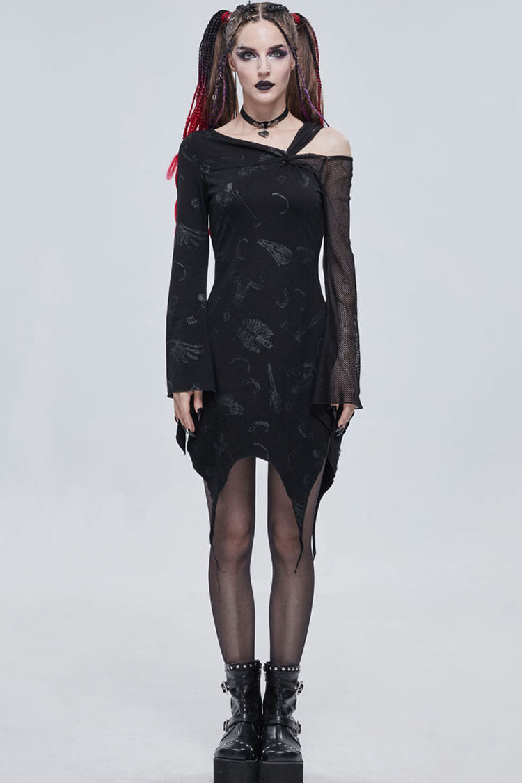 Black Gothic Off-The-Shoulder Graphic-Print Asymmetric Design Splicing Mesh Women's Dress - Product - 5