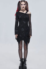 Black Gothic Off-The-Shoulder Graphic-Print Asymmetric Design Splicing Mesh Women's Dress - Product - 5