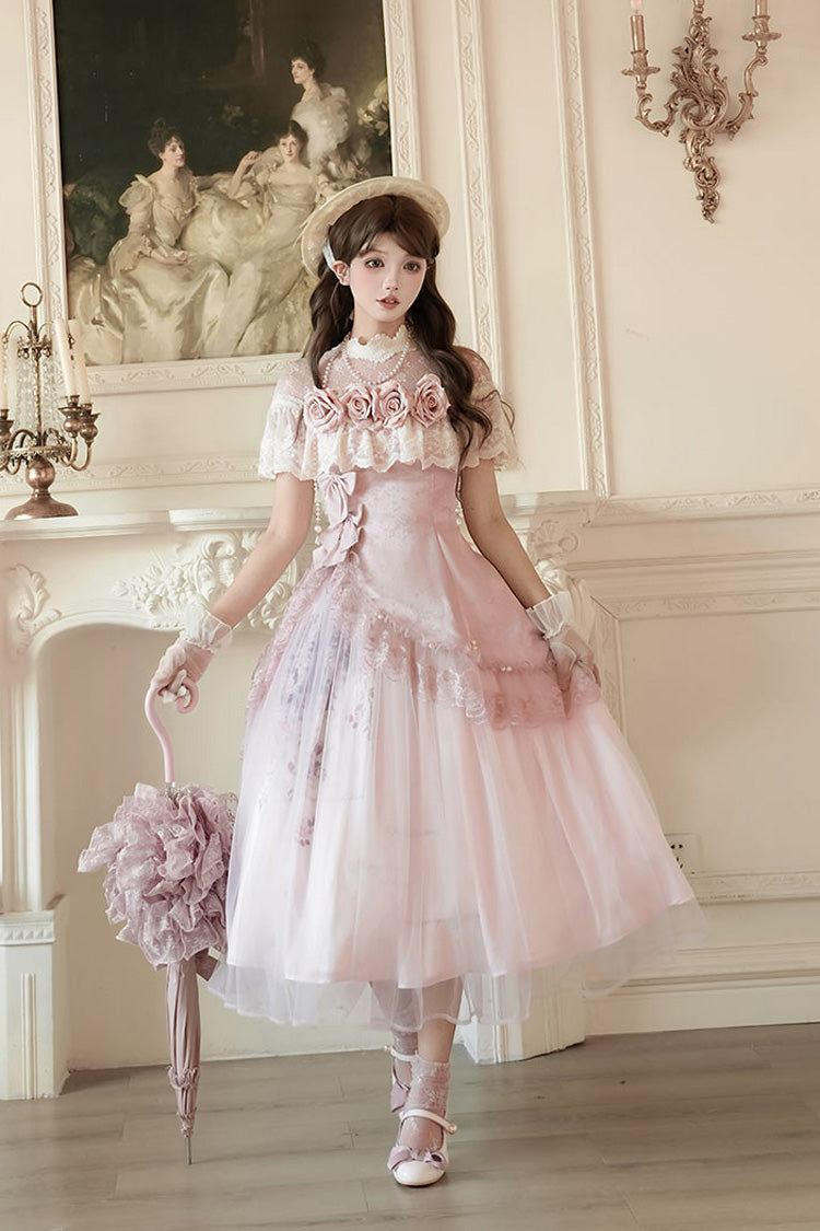 Pink [Rose Poems] Ruffle Embroidery Bowknot Lace Asymmetric Sweet Elegant Lolita Dress Set - Product - 9
