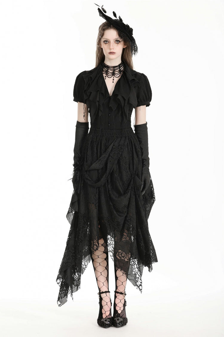 Black Women's Gothic Lace Irregular Distressed Hanky‑Hem Skirt - Product - 5