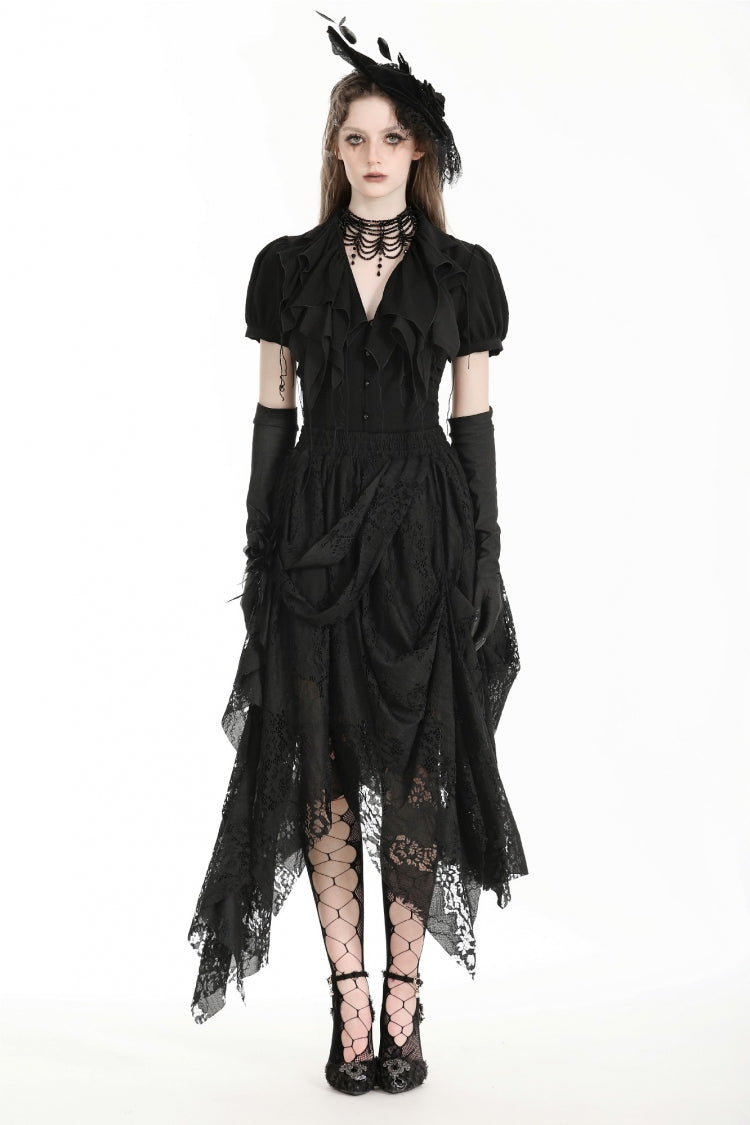 Black Women's Gothic Lace Irregular Distressed Hanky‑Hem Skirt - Product - 5