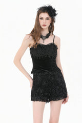 Black 3D Floral Jacquard Lace-Trimmed Women's Gothic Mini Shorts - Product - 8