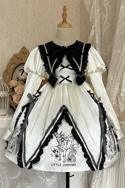 Beige Doll Lapel Collar Long Sleeves Little Confused Print High Waisted Sweet Lolita OP Dress - Product - 6