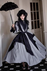 Light Grey [Nocturne] Vertical Stripes Print Ruffle Bowknot Lace Gothic Lolita Dress 2 Versions - Product - 6