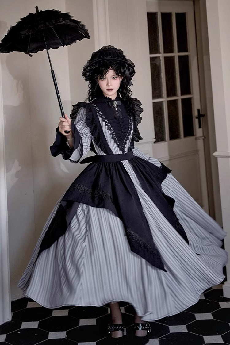 Light Grey [Nocturne] Vertical Stripes Print Ruffle Bowknot Lace Gothic Lolita Dress 2 Versions - Product - 6