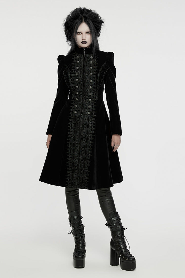 Black Long Puff Sleeves Floral Embroidery Women's Gothic Coat - Product - 4