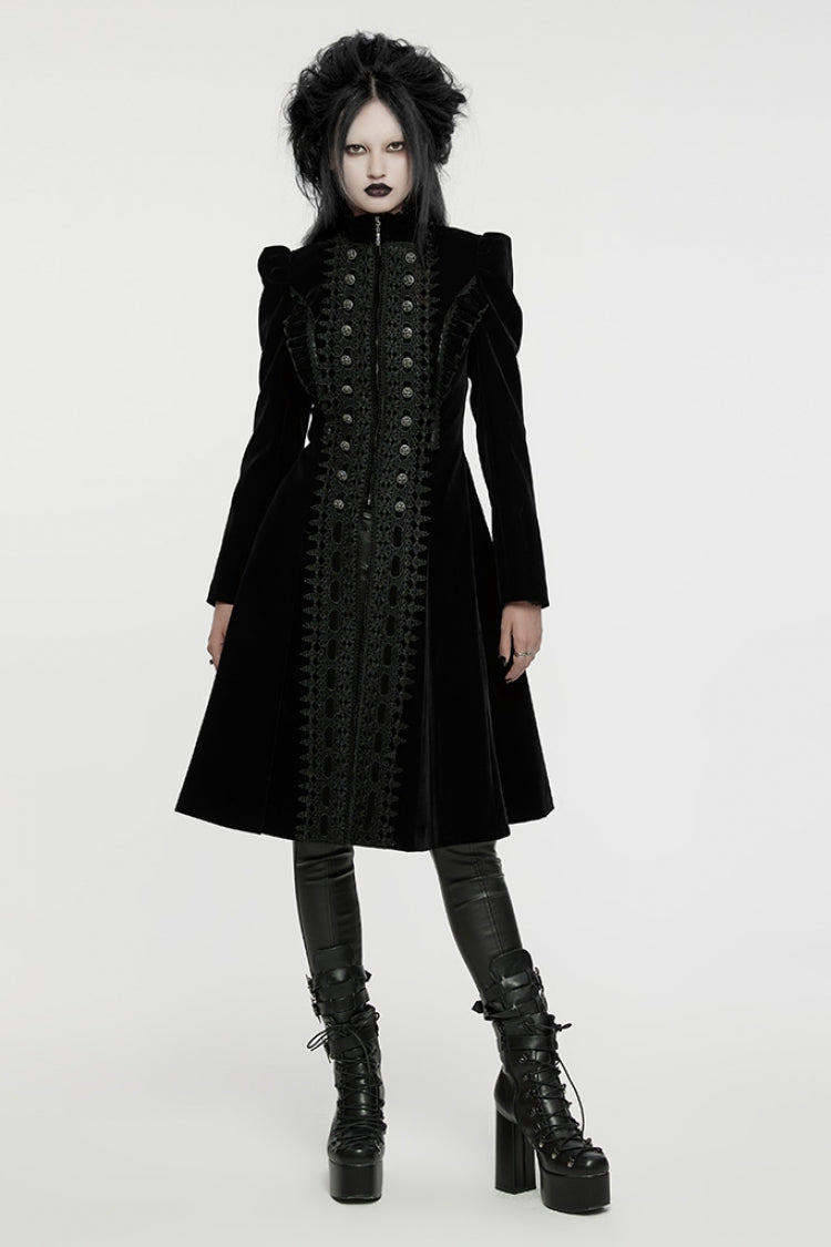 Black Long Puff Sleeves Floral Embroidery Women's Gothic Coat - Product - 4