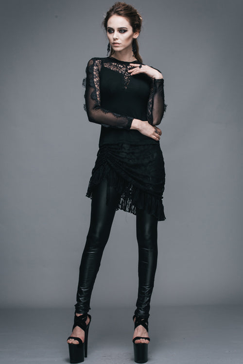 Black Sexy Lace Pattern Long Sleeves Gothic Womens T-Shirt - Product - 8