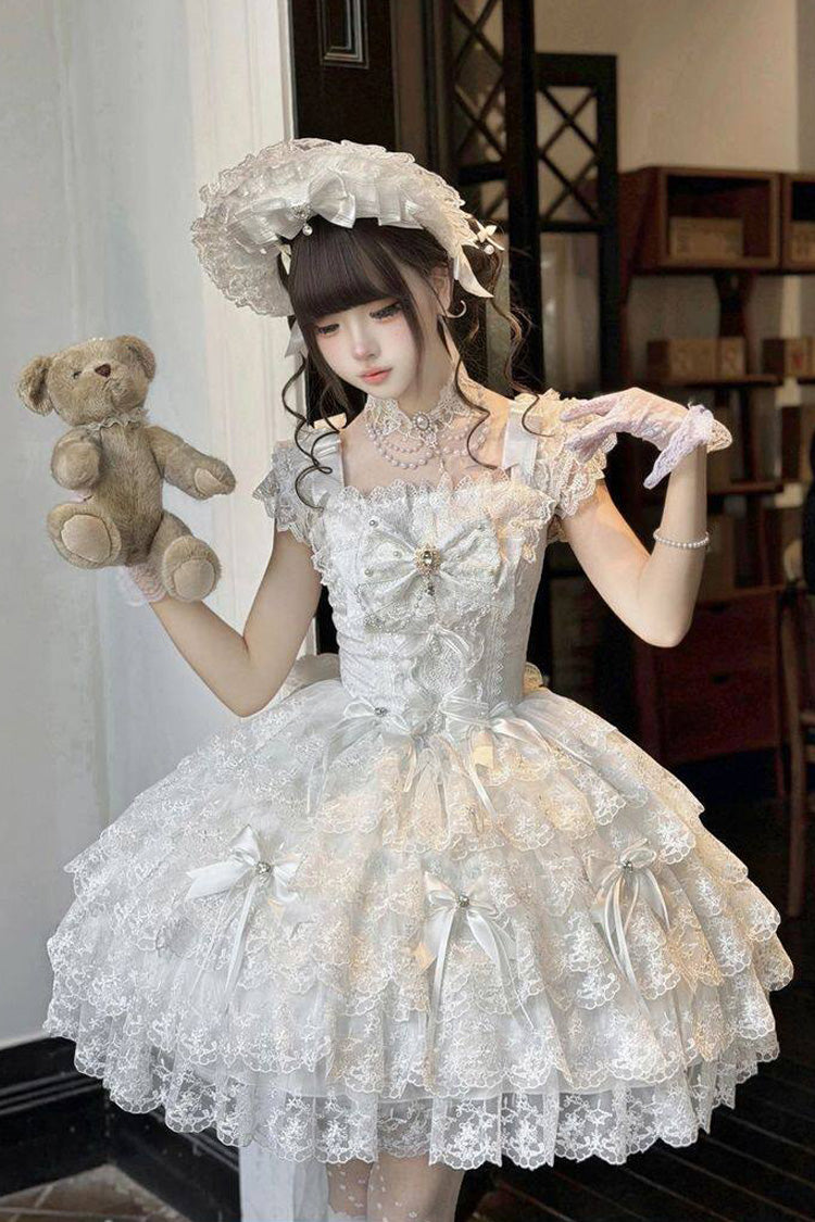 White [Featherlight Slumber] Square Collar Sleeveless Multi-Layered Bow Lace Pearl-Decorated Gothic Lolita Jsk Dress - Product - 2