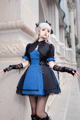 Black/Blue [Night Liana] Ruffle Bowknot Lace-Up Sweet Japanese Lolita Jumper Dress Set - Product - 3