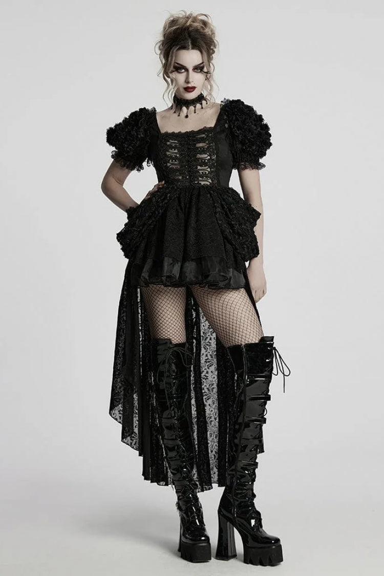 Black Square Collar Short Puff Sleeves Multi-Layered Women's Gothic Lolita High/Low Prom Dress - Product - 4