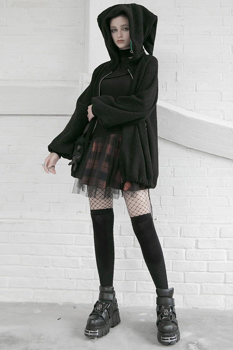 Black/Red Lace Mesh Stitching Plaid Metal Buckle Decoration High Waist Women's Punk Short Skirt - Product - 3