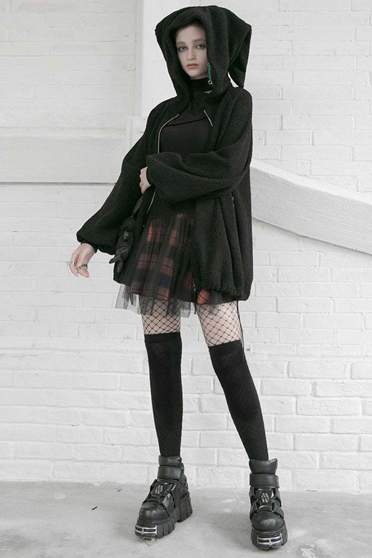Black/Red Lace Mesh Stitching Plaid Metal Buckle Decoration High Waist Women's Punk Short Skirt - Product - 3