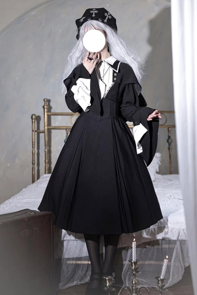 Black Cross Salute Nun Long Sleeves Ruffle Plus Size Gothic Lolita Strap Dress Set - Product - 2