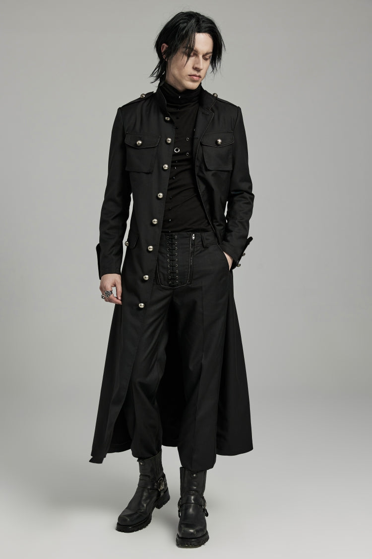 Black Stand Collar Slim Big-Pocket Men's Gothic Coat - Product - 2