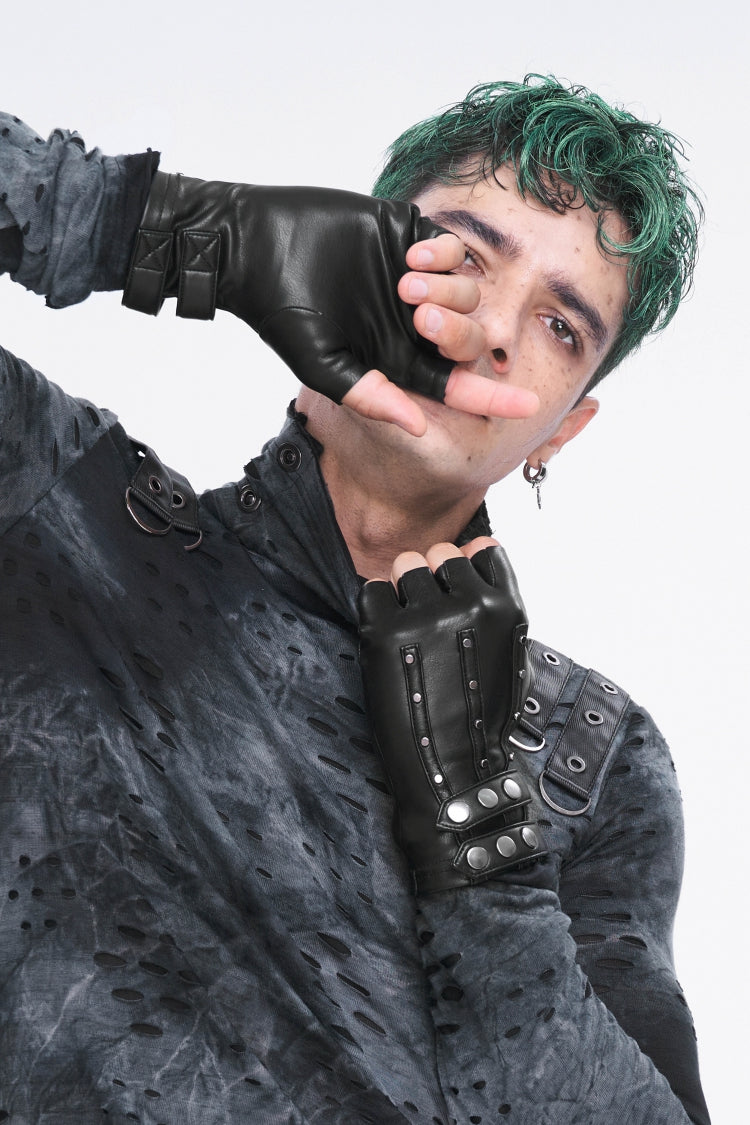Black Studded Buckled Men's Punk Accessory Faux Leather Half-finger Gloves - Product - 8