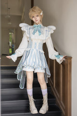 White/Blue [Angel’s Covenant] Stand Collar Long Sleeves Striped Printed Bow Gothic Ouji Lolita Suspender Shorts Set - Product - 9