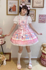 Milky Berry Bear Print Pink Bowknot Stitching Lace Sweet Lolita Strap Dress - Product - 7