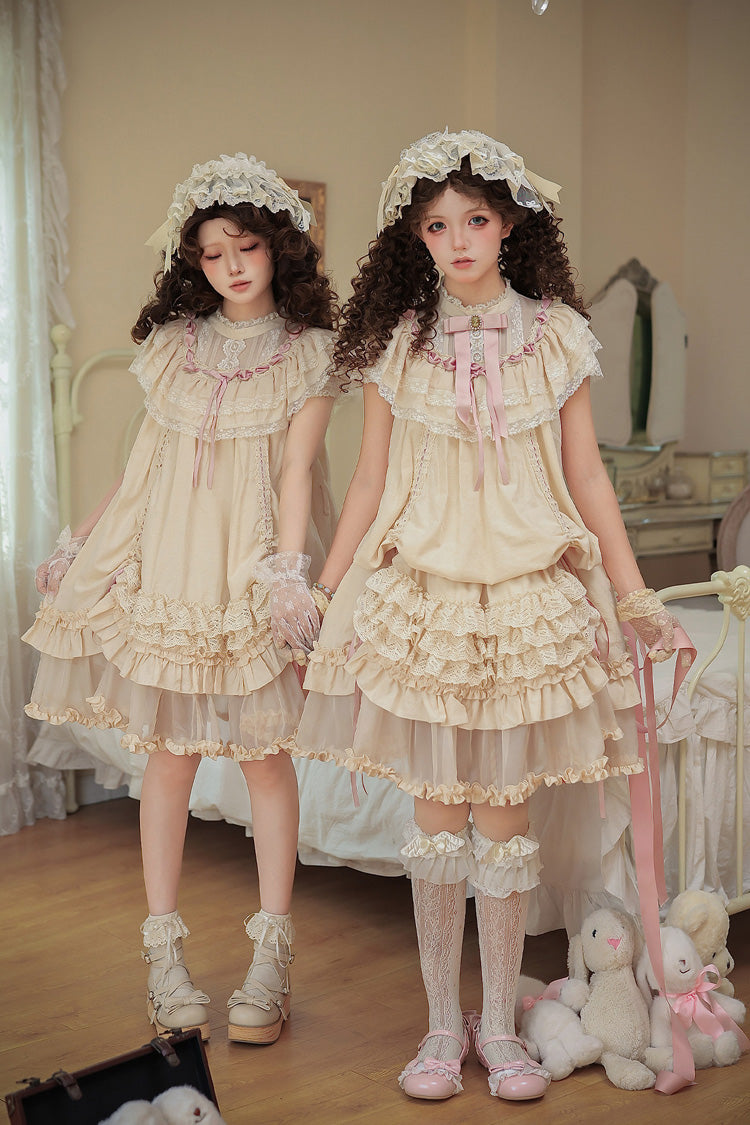Apricot [Lily's Dream] Stand Collar Short Sleeves Loose-Fit Doll-Like Multi-Layered Ruffled Bow Lace Sweet Lolita Dress 2 Versions - Product - 3