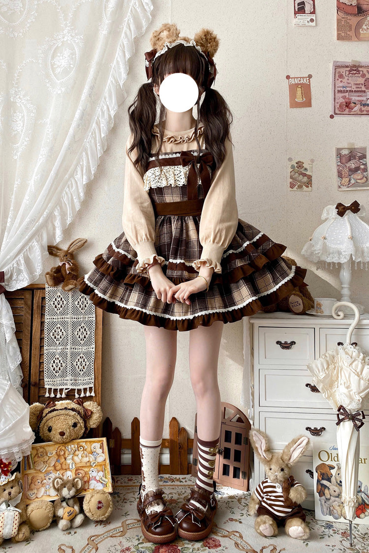 Brown [Caramel Cocoa] Double-Layered Print Ruffle Bowknot Sweet Lolita Jsk Dress - Product - 5