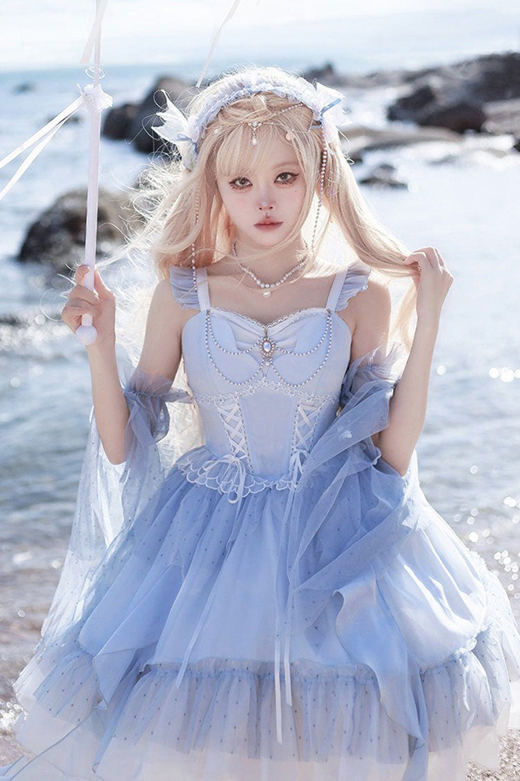 Blue The Moon Goddess's Song Multi-layer Ruffle Lace-Up Sweet Elegant Lolita Jsk Dress - Product - 4