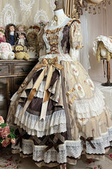 Brown [Baker Street Tea Party] Short Sleeves High Waisted Print Ruffle Embroidery Cardigan Bowknot Lace-Up Classic Vintage Princess Lolita Dress - Product - 9
