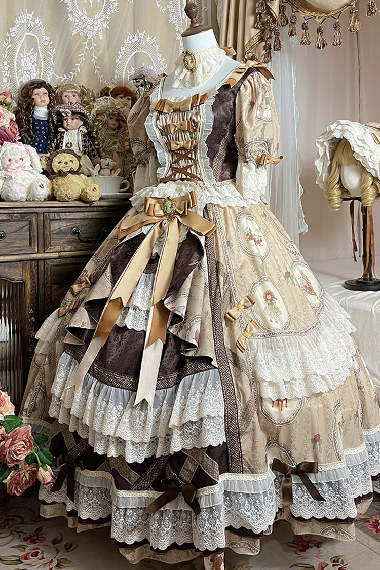 Brown [Baker Street Tea Party] Short Sleeves High Waisted Print Ruffle Embroidery Cardigan Bowknot Lace-Up Classic Vintage Princess Lolita Dress - Product - 9
