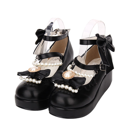 Round toe Bowknot Pearl Chain Classic Lolita Shoes - Black - 1