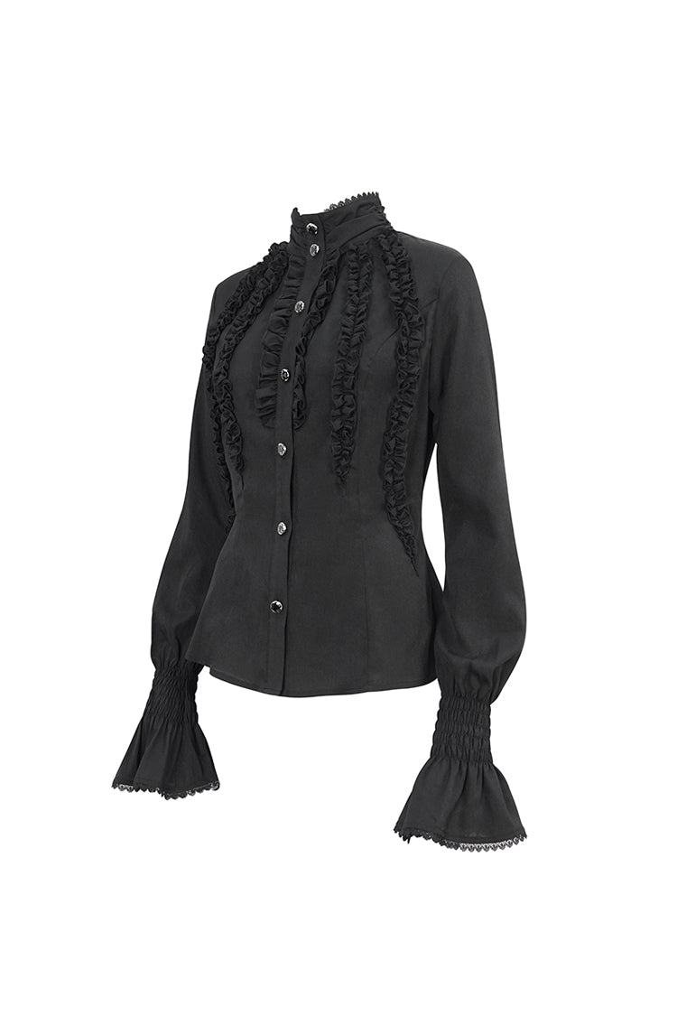 Black Stand Collar Ruffled Long Sleeves Women's Gothic Shirt - Product - 8