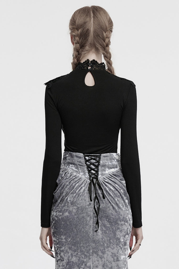 Black Long Sleeves Cowl Neck Stitching Lace Women's Gothic Blouse - Product - 3