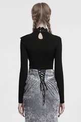 Black Long Sleeves Cowl Neck Stitching Lace Women's Gothic Blouse - Product - 3