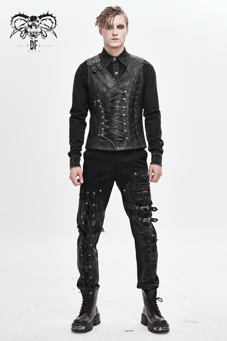 Gray V Neck Fog Flower Shoulder Loop Chest Lace Up Men's Punk Waistcoat - Product - 3