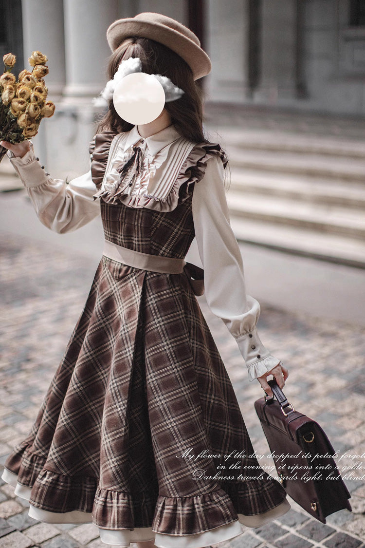 Brown [The Thames at Dusk] Print Long Sleeves Ruffle Fake Two Pieces Vintage College Style Lolita Dress - Product - 7