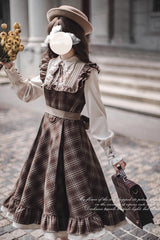 Brown [The Thames at Dusk] Print Long Sleeves Ruffle Fake Two Pieces Vintage College Style Lolita Dress - Product - 7