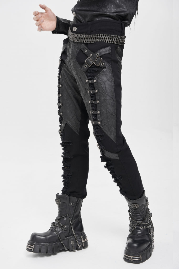 Black Ripped Buckle Straps Men's Punk Pants - Product - 10