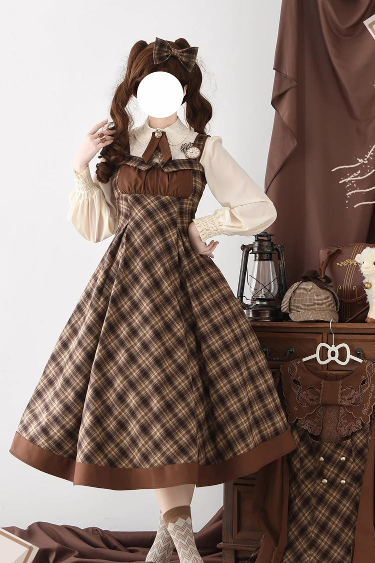 Brown [Broken Pocket Watch] Sleeveless Printed Spliced Detective-Style Classic Lolita Jsk Dress - Brown(JSK) - 1